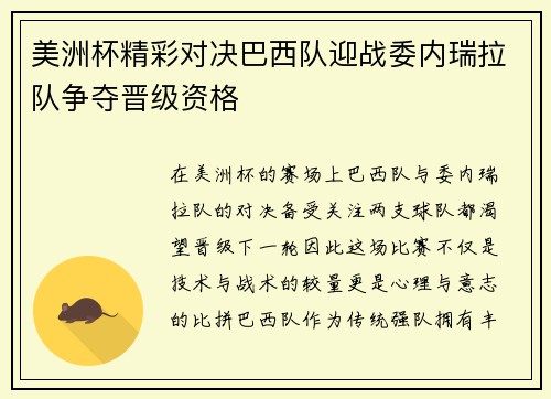 美洲杯精彩对决巴西队迎战委内瑞拉队争夺晋级资格